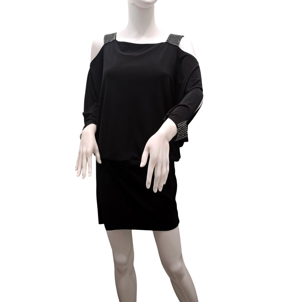 Betsy & Adam Black Rhinestone Cold Shoulder Dress Sz 10 Dolman Sleeve Mini Bat‎